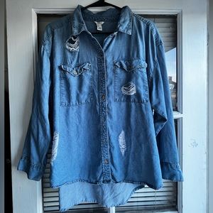 Forever 21 Distressed Denim Button Down Shirt